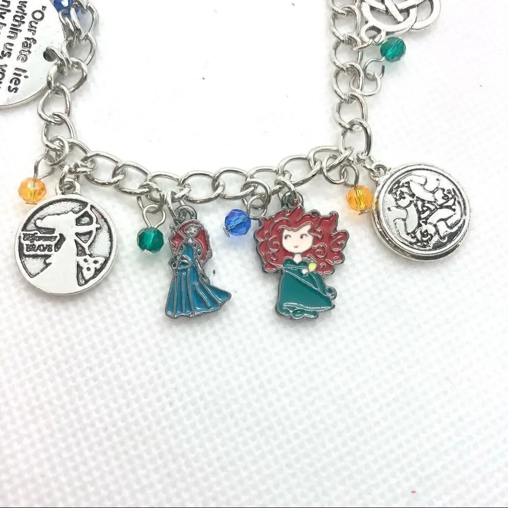 Brave Inspired Charm Bracelet Merida Celtic Knot Bear Bow Crown Silver Tone